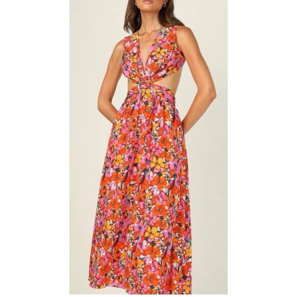 All About May Long Elle Dress 10 Large Halter Tie Back Floral Cut Out Floral - Picture 6 of 11